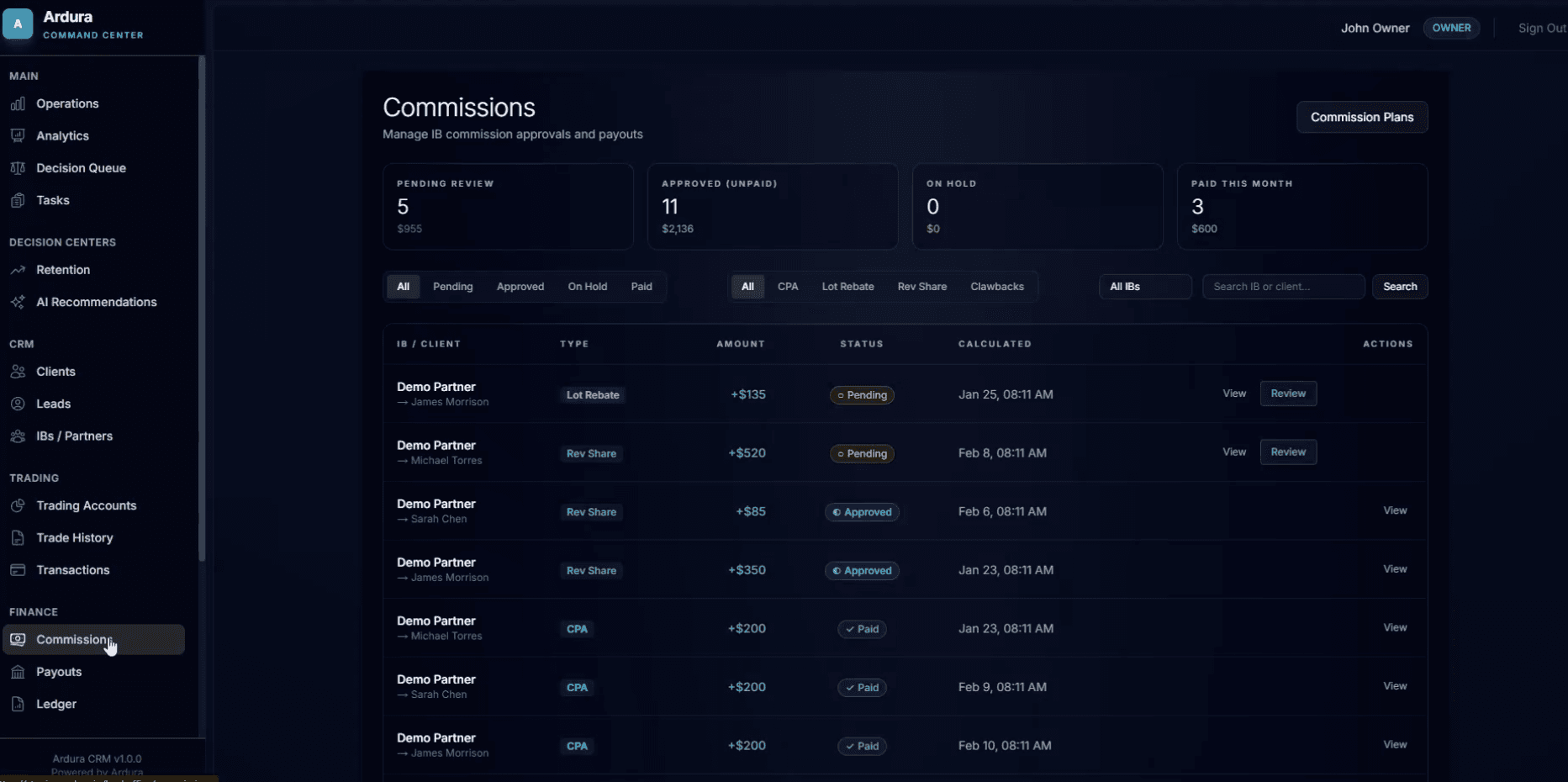 Ardura back-office commissions queue — CPA, lot rebate and revenue share entries awaiting review, with approved, on-hold, and paid totals